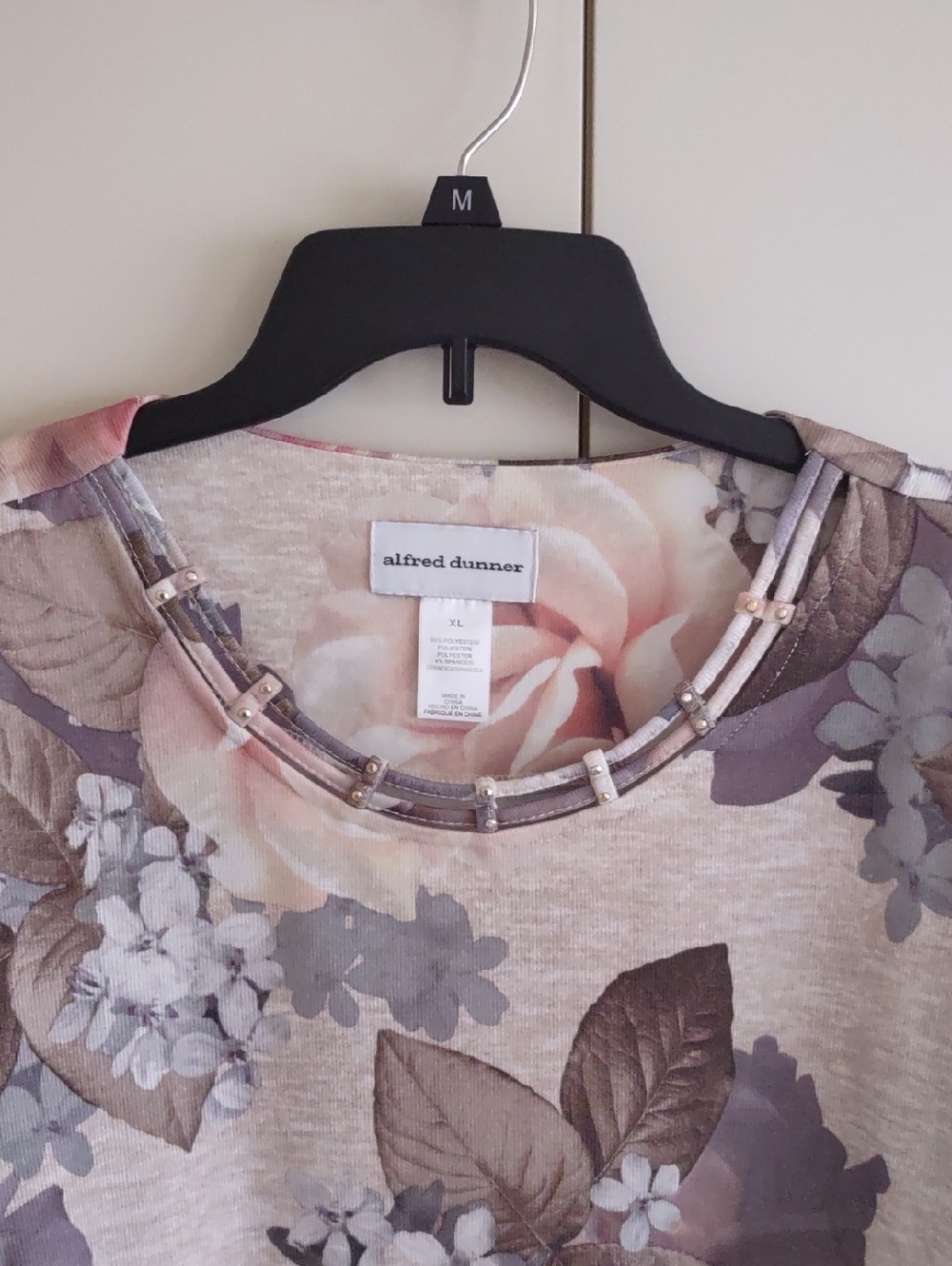 Alfred Dunner Beige Floral Beaded-Neck Knit Top